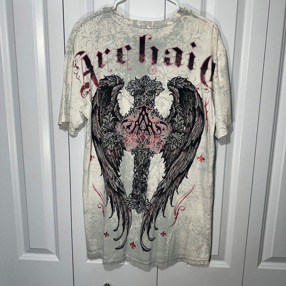 Archaic Affliction T-Shirt Mens Large White Pink Biker Gothic Cross Wings Buckle